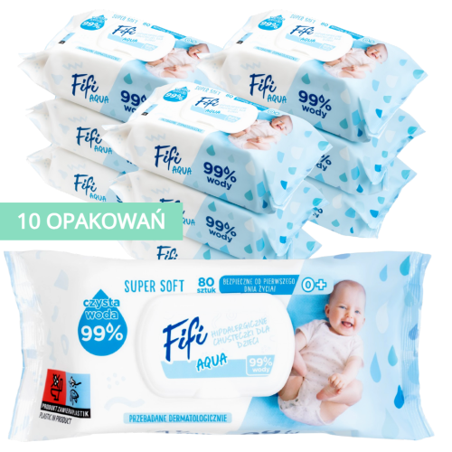 Fifi AQUA Chusteczki nawilżane wodne pantenol 18x14cm OPHARM (99% wody) bezzapachowe 800 szt. - 10 op.