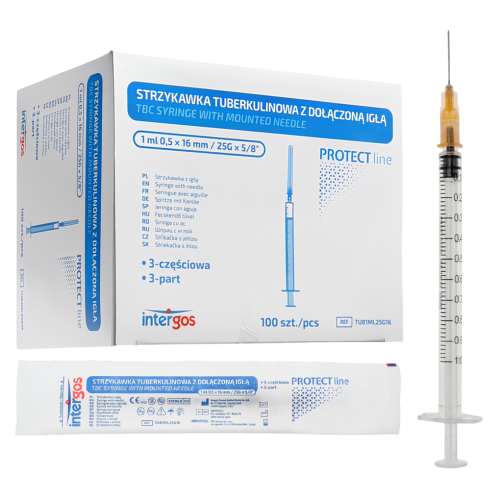 Strzykawka tuberkulinowa TBC 1ml z igłą zdejmowaną 0,5 x 16mm jałowa INTERGOS - 100 szt. | REF: TUB1ML25G16 NM