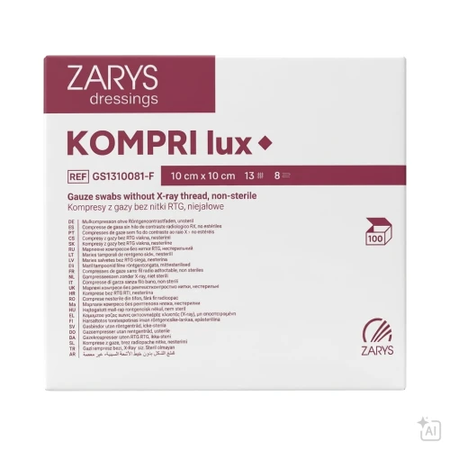 KOMPRI lux Kompresy z gazy 10x10 cm niejałowe 13N 8W - 100 szt. | REF: GS1310081-F